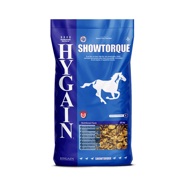 Hygain® Showtorque® is not only a low dose, high fat, cereal grain free feed, that promotes lean muscle mass development in horses. It also enhances hoof growth and coat shine.