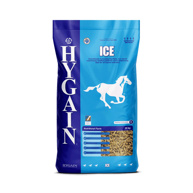 Hygain® Ice® is a high fibre, low starch, fortified pellet for horses & ponies. Scientifically formulated to provide cool slow release energy for calm conditioning and healthy gut function.