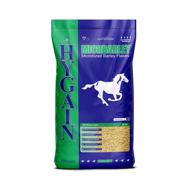 Hygain® Micrbarley® Premium quality, all natural, micronized barley for horses. Requires no soaking or cracking with the goodness sealed in.