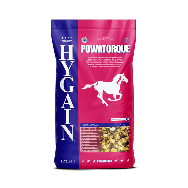 Hygain® Powatorque® is a micronized sweet feed concentrate formulated as the cornerstone of a balanced diet for equine athletes.