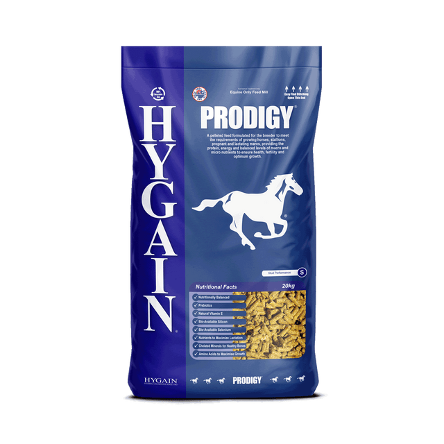 Hygain® Prodigy® is a pelleted feed formulated for the breeder to meet the requirements of stallions, pregnant or lactating mares and growing horses.