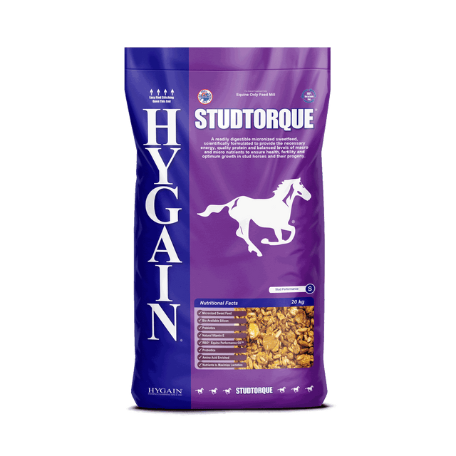 Hygain® Studtorque® is a readily digestible micronized sweet feed, scientifically formulated to provide the necessary energy, quality protein and balanced levels of macro and micronutrients to ensure health, fertility and optimum growth in stud horses and their progeny.